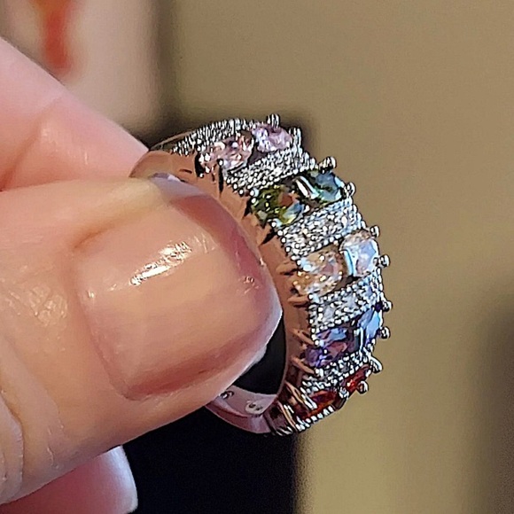 NEW PLATINUM RAINBOW STONE PROMISE CZ BAND RING - Picture 6 of 9